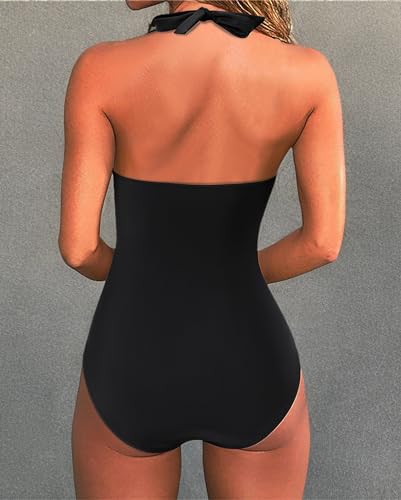 SUUKSESS Women Sexy Tummy Control One Piece Swimsuits Halter Push Up Monokini Bathing Suits (Black, L)