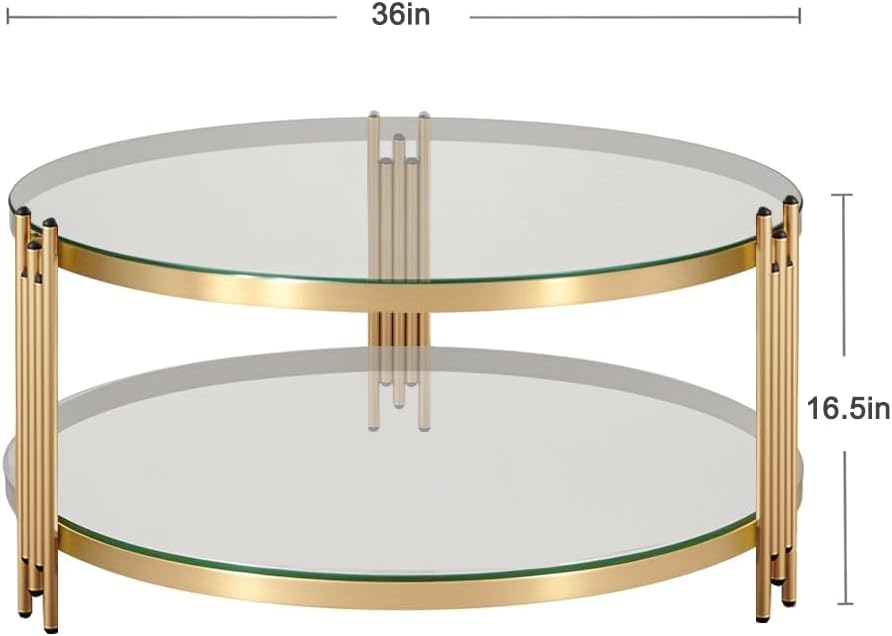 Gold Glass Coffee Table for Living Room, 36" Round Glass Coffee Table with Metal Frame, 2 Tier Circle Coffee Table for Home, Office, Apartment