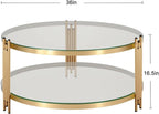 Gold Glass Coffee Table for Living Room, 36" Round Glass Coffee Table with Metal Frame, 2 Tier Circle Coffee Table for Home, Office, Apartment