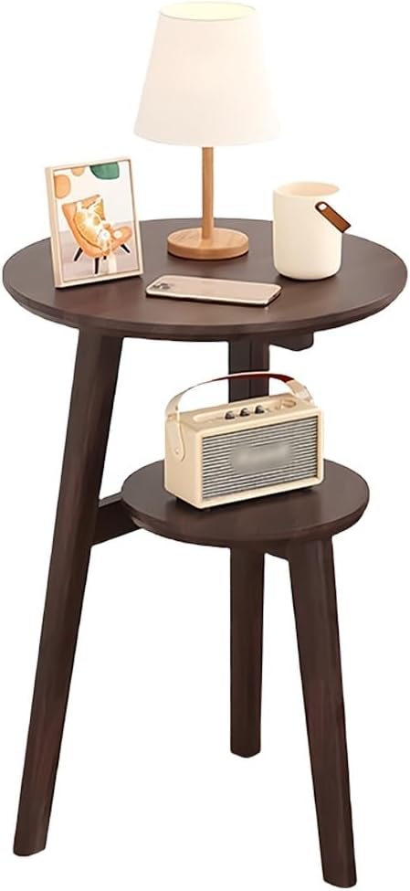 Solid Wood Round Side Table with 2 Open Shelves – Decorative Nightstand & Coffee Table for Bedroom, Living Room, or Study(Brown)