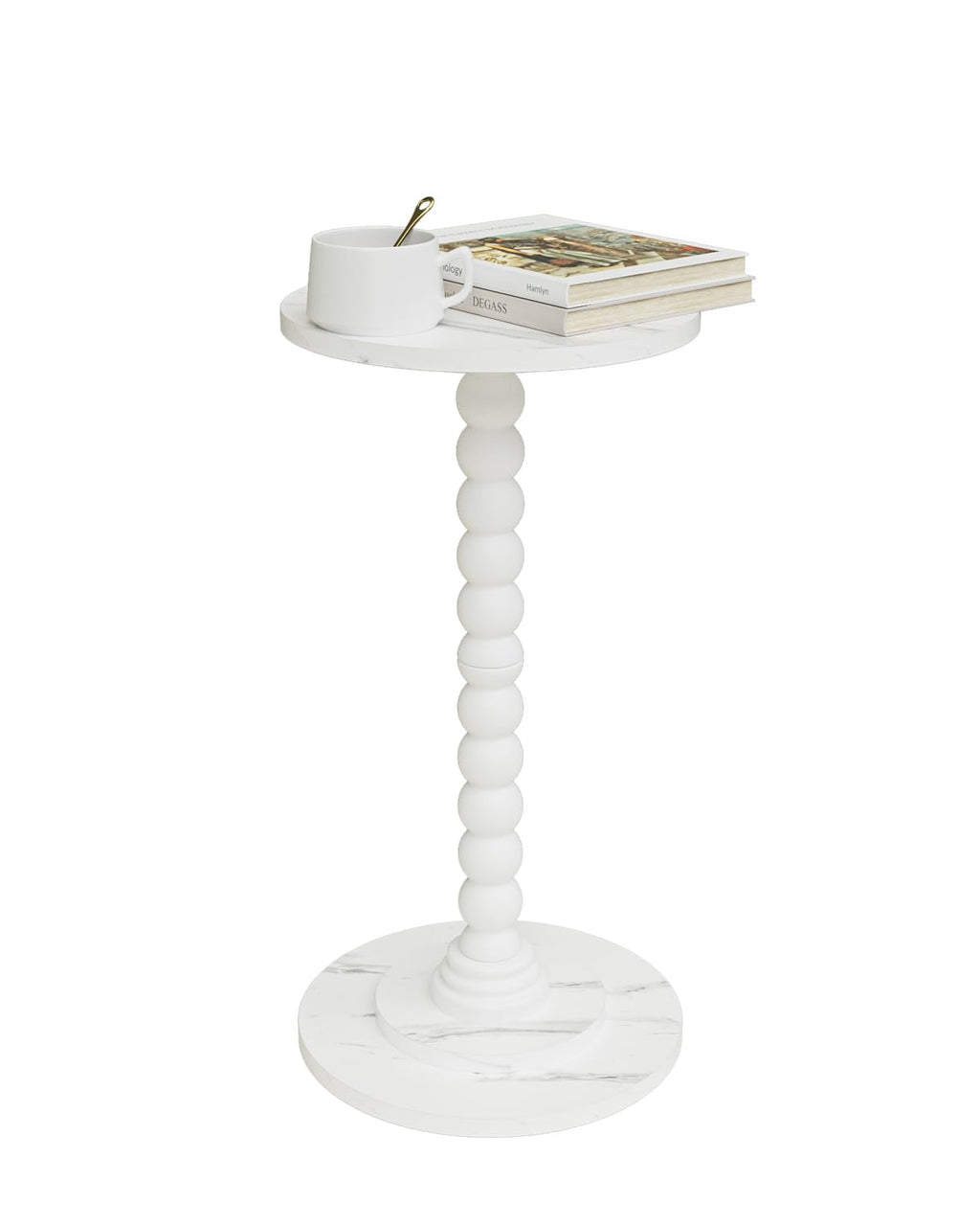 Masupu Drink Table, Round Side Table for Small Spaces, Pedestal Side Table, Small End Table with Metal Base, for Living Room, Bedroom, Bathroom, White