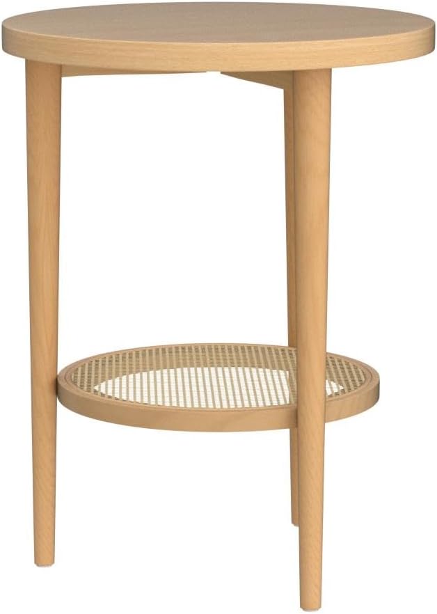 Nathan James Sonia Boho Round Accent End Table, Natural Sofa Side Table in Light Wood with Rattan Storage Shelf for Living Room, Bedroom or Nursery, Light Brown