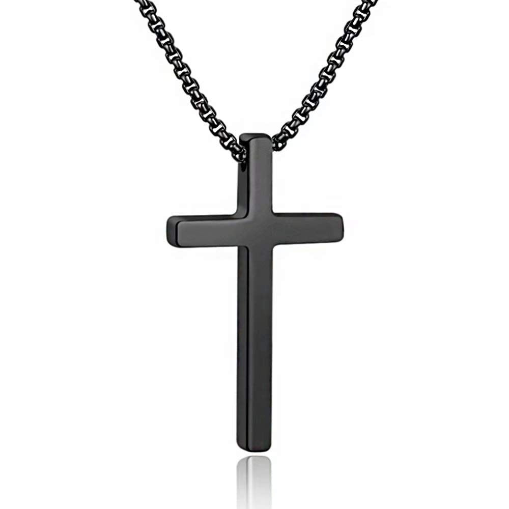 M MOOHAM Cross Necklace for Men, Silver Black Gold Stainless Steel Plain Cross Pendant Necklace for Men Box Chain 16-30 Inch