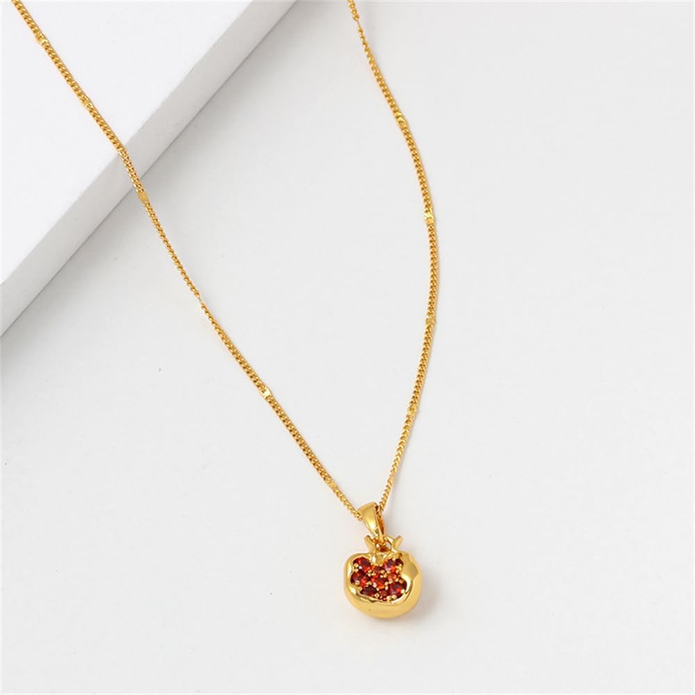 Premium Cubic Zirconia Inlay Red Pomegranate Pendant 18k Gold Plated Stainless Steel Necklaces for Women