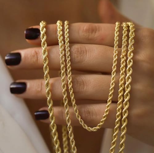 SHOP WGS italiensk 14K solid guldkæde i reb til mænd og kvinder med diamantcut og lås med hummerklo italiensk 14K ægte guldsmykker gaver (18 tommer, 2MM)