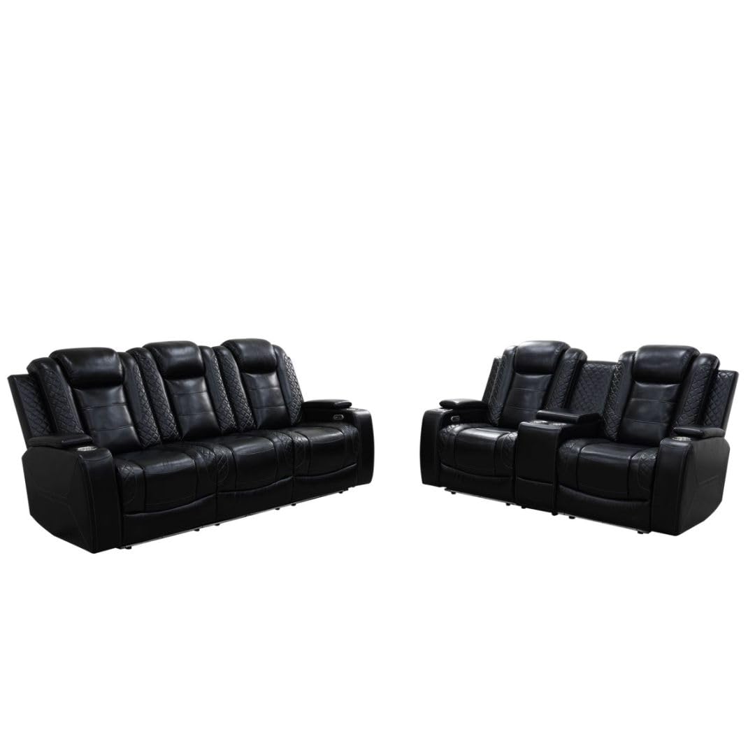 Power Recliner Sofa Set With LED, Leather Furniture Reclining Couch With USB Port/Storage/Cup Holder for Living Room Office Home (Sofa+Loveseat+Chair, Black)