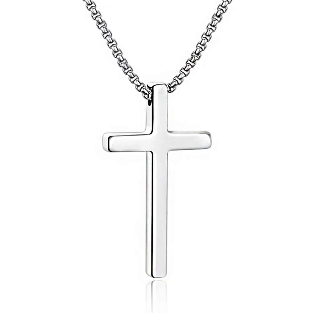 M MOOHAM Cross Necklace for Men, Silver Black Gold Stainless Steel Plain Cross Pendant Necklace for Men Box Chain 16-30 Inch