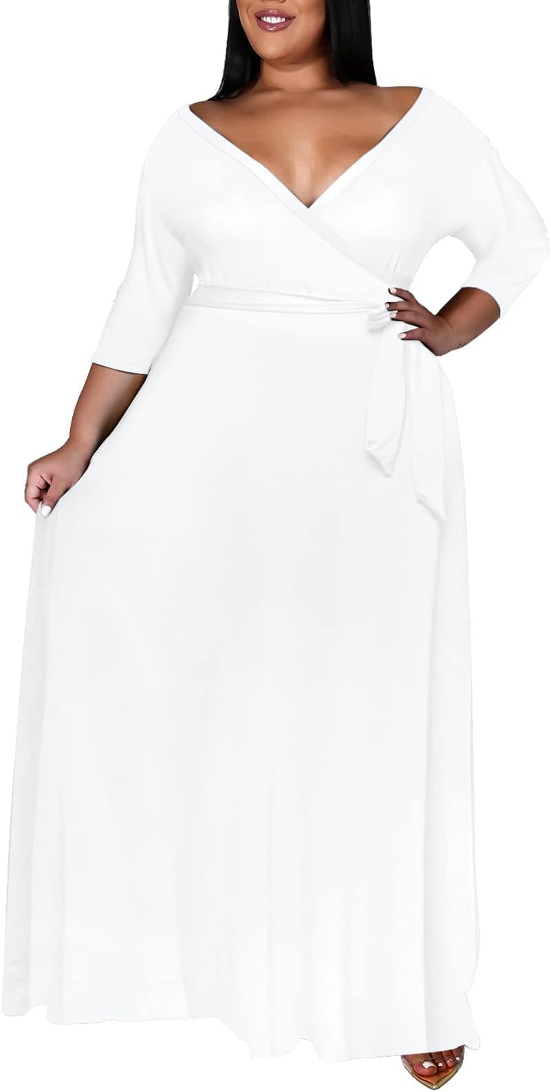 White Summer Dresses for Women Plus Size, Sexy V Neck 3/4 Sleeve Maxi Dress for Easter Wedding Guest XL
