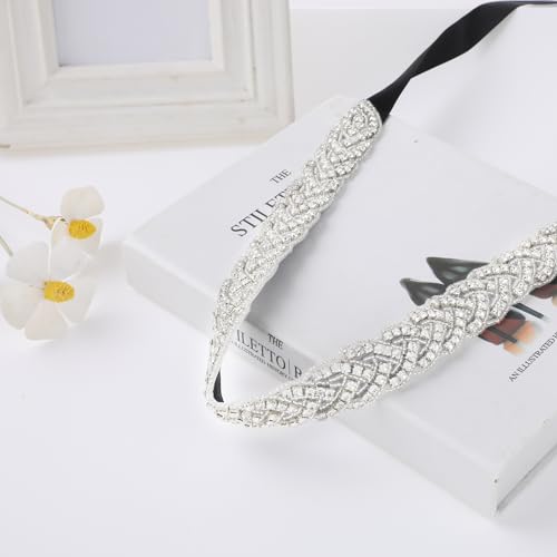 Aster Bridal Rhinestone Belt for Women, Handcrafted Sparkly Rhinestone Belt for Formal Dress, Wedding Dress Belt Glitter Ribbon Belt for Jeans Dress(Black)