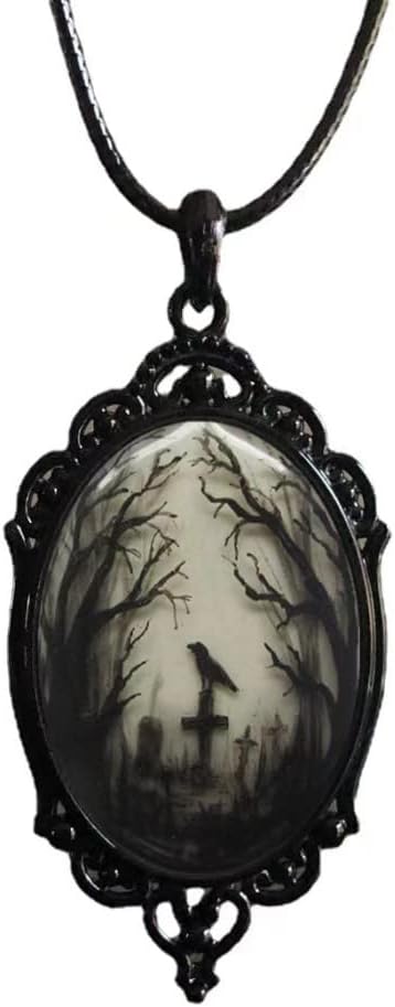 YWMAN Raven Cross Glass Pendant Necklace - Vintage Gothic Rope Chain Crow Choker - Mystic Witch Jewelry Gift Accessories