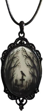 YWMAN Raven Cross Glass Pendant Necklace - Vintage Gothic Rope Chain Crow Choker - Mystic Witch Jewelry Gift Accessories