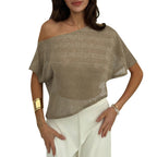 Loose T-shirt Oblique Shoulder SMS Sequined Semi-transparent Pullover Top For Women