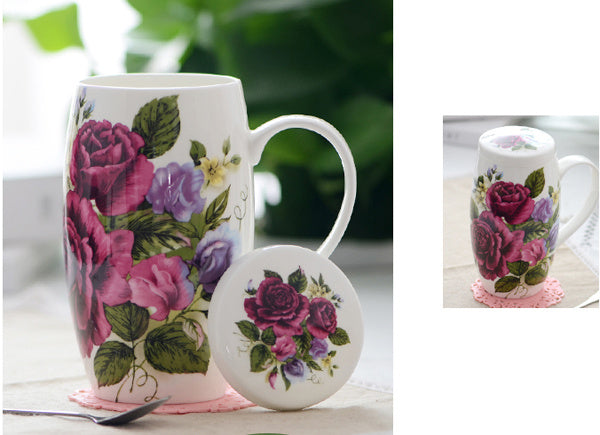 Bone China Breakfast Household Ceramic Large-capacity Mug With Lid Spoon Porcelain Oversized Waist Drum Cup