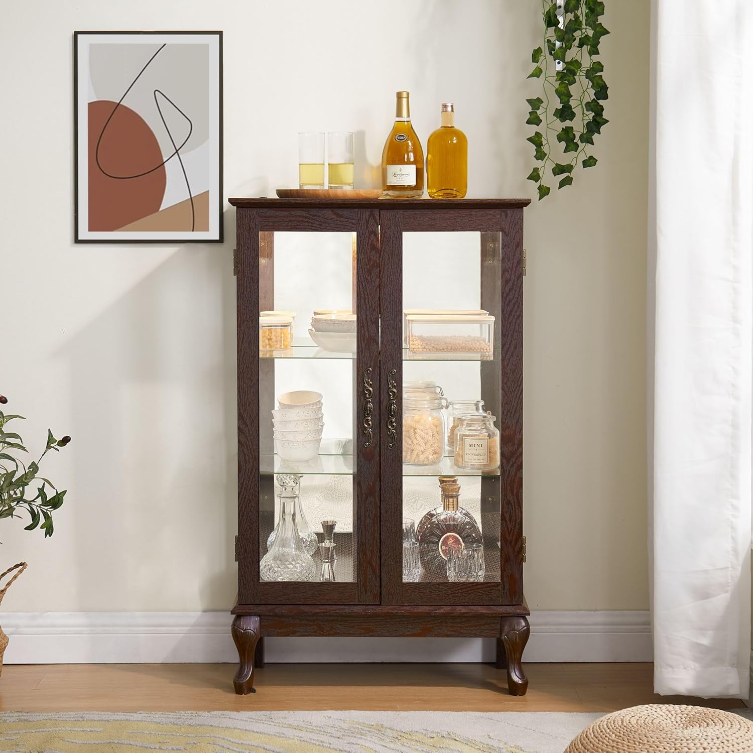 44" H Curio Cabinet with Tempered Glass Doors, Glass Display Cabinet with Light Bulb inclued, Curio Storage Cabinet with Mirrored Back Panel and Adjustable Shelves (Dark Cherry) - Grand Goldman