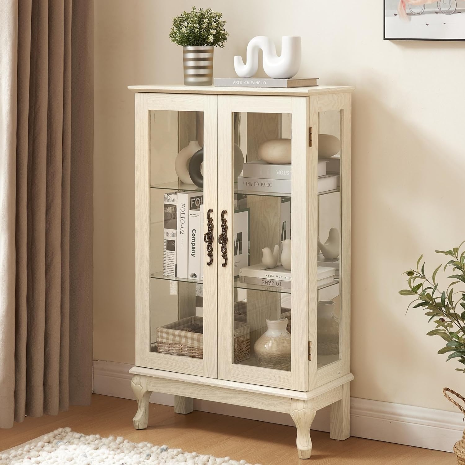 44" H Curio Cabinet with Tempered Glass Doors, Glass Display Cabinet with Light Bulb inclued, Curio Storage Cabinet with Mirrored Back Panel and Adjustable Shelves (Dark Cherry) - Grand Goldman