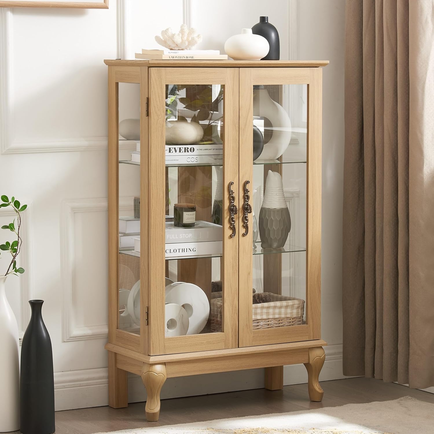 44" H Curio Cabinet with Tempered Glass Doors, Glass Display Cabinet with Light Bulb inclued, Curio Storage Cabinet with Mirrored Back Panel and Adjustable Shelves (Dark Cherry) - Grand Goldman