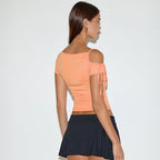 Irregular Strapless Lace-up Short Sleeve T-shirt Top