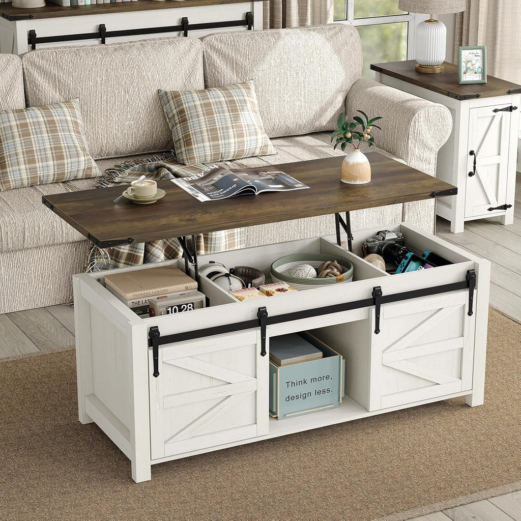 47.3'' Coffee Table with Large Hidden Storage Compartment, Lift Top Coffee Table with Sliding Barn Doors, Farmhouse & Rustic Rectangle Cocktail Table, Home, Office, Brown Top - Grand Goldman