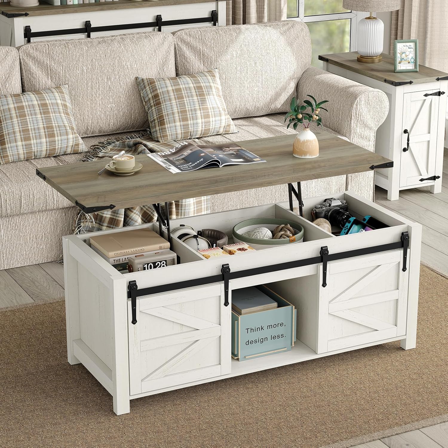 47.3'' Coffee Table with Large Hidden Storage Compartment, Lift Top Coffee Table with Sliding Barn Doors, Farmhouse & Rustic Rectangle Cocktail Table, Home, Office, Brown Top - Grand Goldman