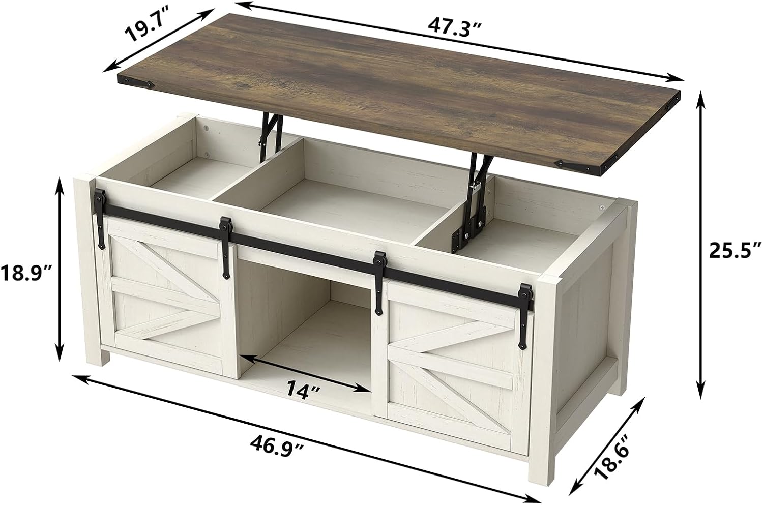 47.3'' Coffee Table with Large Hidden Storage Compartment, Lift Top Coffee Table with Sliding Barn Doors, Farmhouse & Rustic Rectangle Cocktail Table, Home, Office, Brown Top - Grand Goldman