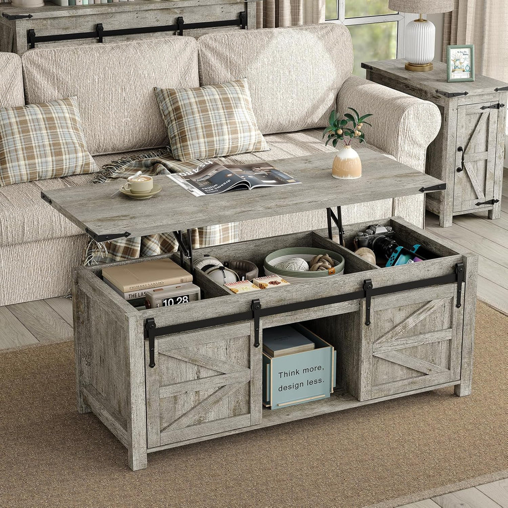 47.3'' Coffee Table with Large Hidden Storage Compartment, Lift Top Coffee Table with Sliding Barn Doors, Farmhouse & Rustic Rectangle Cocktail Table, Home, Office, Brown Top - Grand Goldman