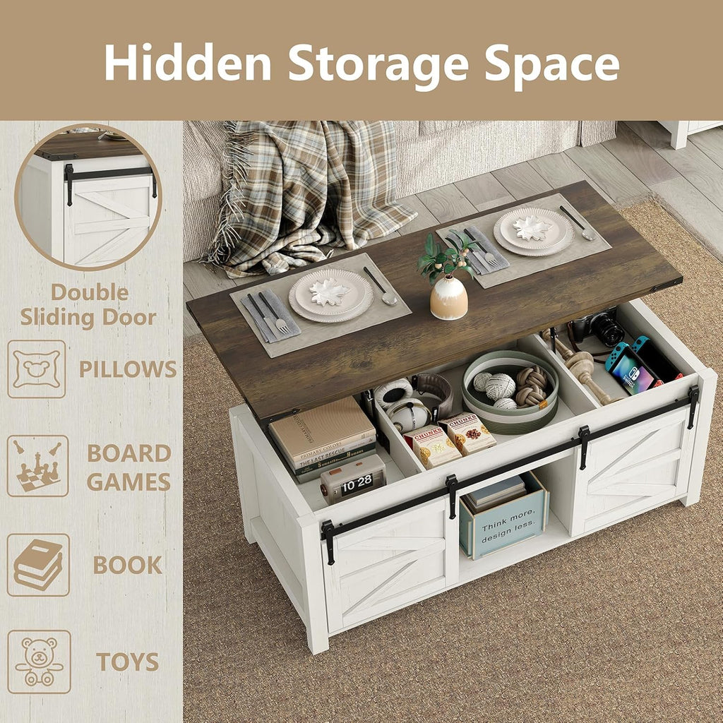 47.3'' Coffee Table with Large Hidden Storage Compartment, Lift Top Coffee Table with Sliding Barn Doors, Farmhouse & Rustic Rectangle Cocktail Table, Home, Office, Brown Top - Grand Goldman