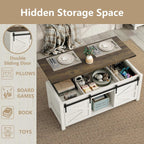 47.3'' Coffee Table with Large Hidden Storage Compartment, Lift Top Coffee Table with Sliding Barn Doors, Farmhouse & Rustic Rectangle Cocktail Table, Home, Office, Brown Top - Grand Goldman