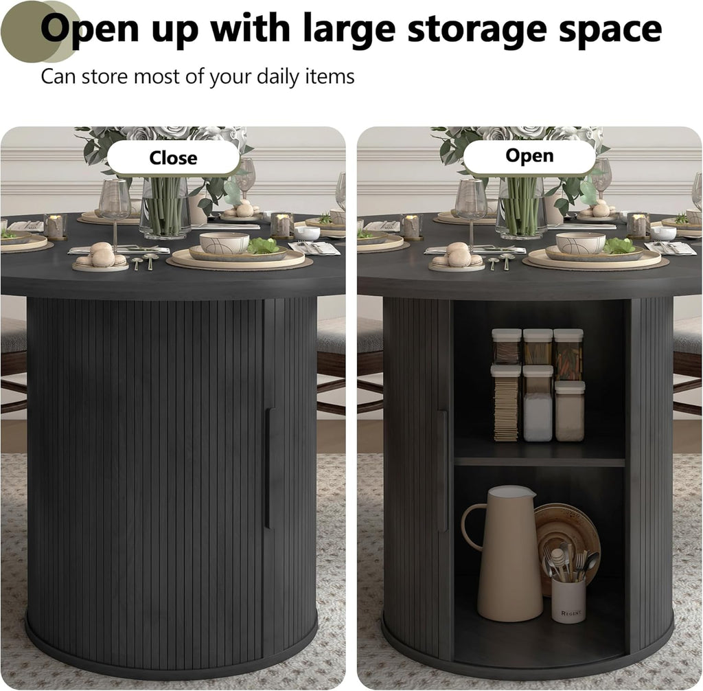 47 inch Round Dining Table for 4, Kitchen Table Dinner Table with 2-Layer Storage Shelf and Wood Slide Door for Home Dining Room Living Room (Black) - Grand Goldman