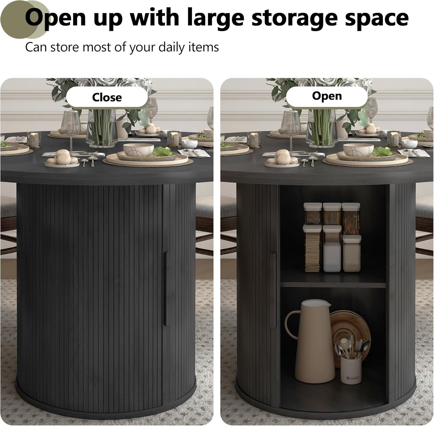 47 inch Round Dining Table for 4, Kitchen Table Dinner Table with 2-Layer Storage Shelf and Wood Slide Door for Home Dining Room Living Room (Black) - Grand Goldman