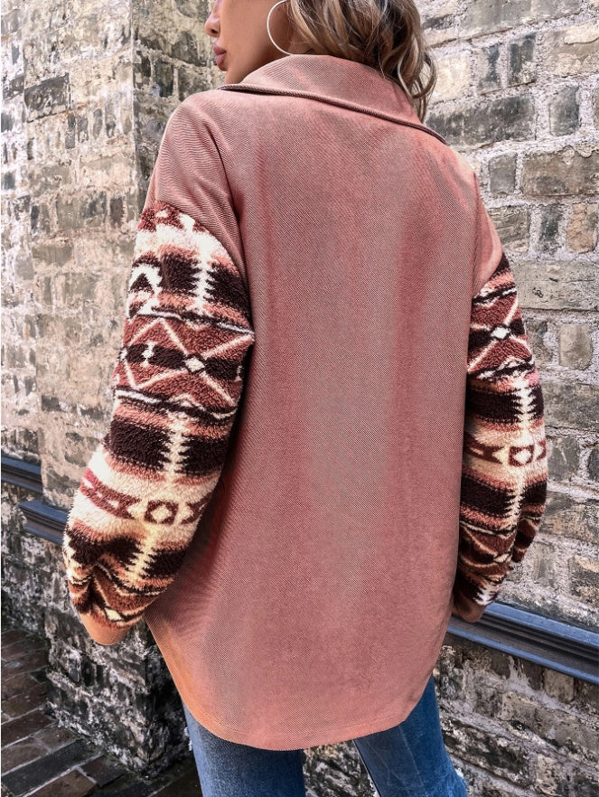 Geo Pattern Flap Pocket Drop Shoulder Coat