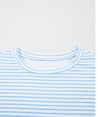 Sky Blue Stripe Floral Three Quarter Sleeves Patchwork Drop Shoulder Top