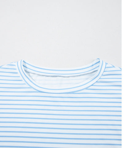 Sky Blue Stripe Floral Three Quarter Sleeves Patchwork Drop Shoulder Top