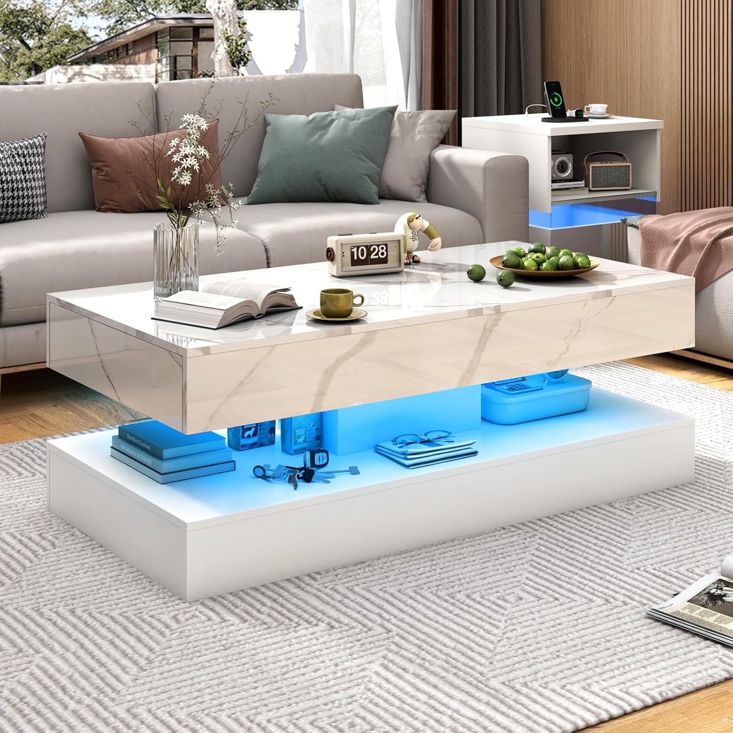 47inch Large High-Glossy LED Coffee Table with 2 Sliding Drawers, Living Room Storage Tables with Marbling Print, Modern Stylish Double-Layer Center Tables w/LED Lights, White - Grand Goldman