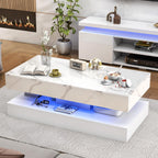 47inch Large High-Glossy LED Coffee Table with 2 Sliding Drawers, Living Room Storage Tables with Marbling Print, Modern Stylish Double-Layer Center Tables w/LED Lights, White - Grand Goldman