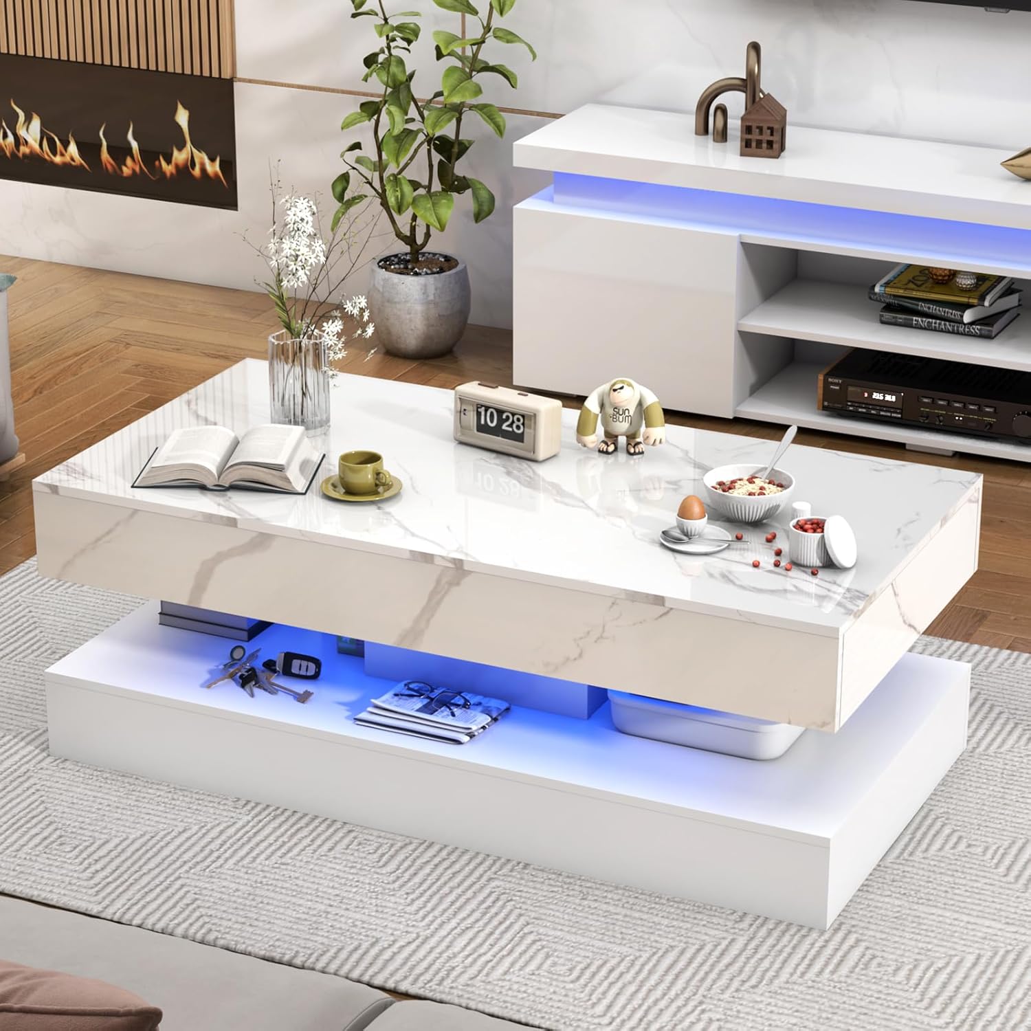 47inch Large High-Glossy LED Coffee Table with 2 Sliding Drawers, Living Room Storage Tables with Marbling Print, Modern Stylish Double-Layer Center Tables w/LED Lights, White - Grand Goldman