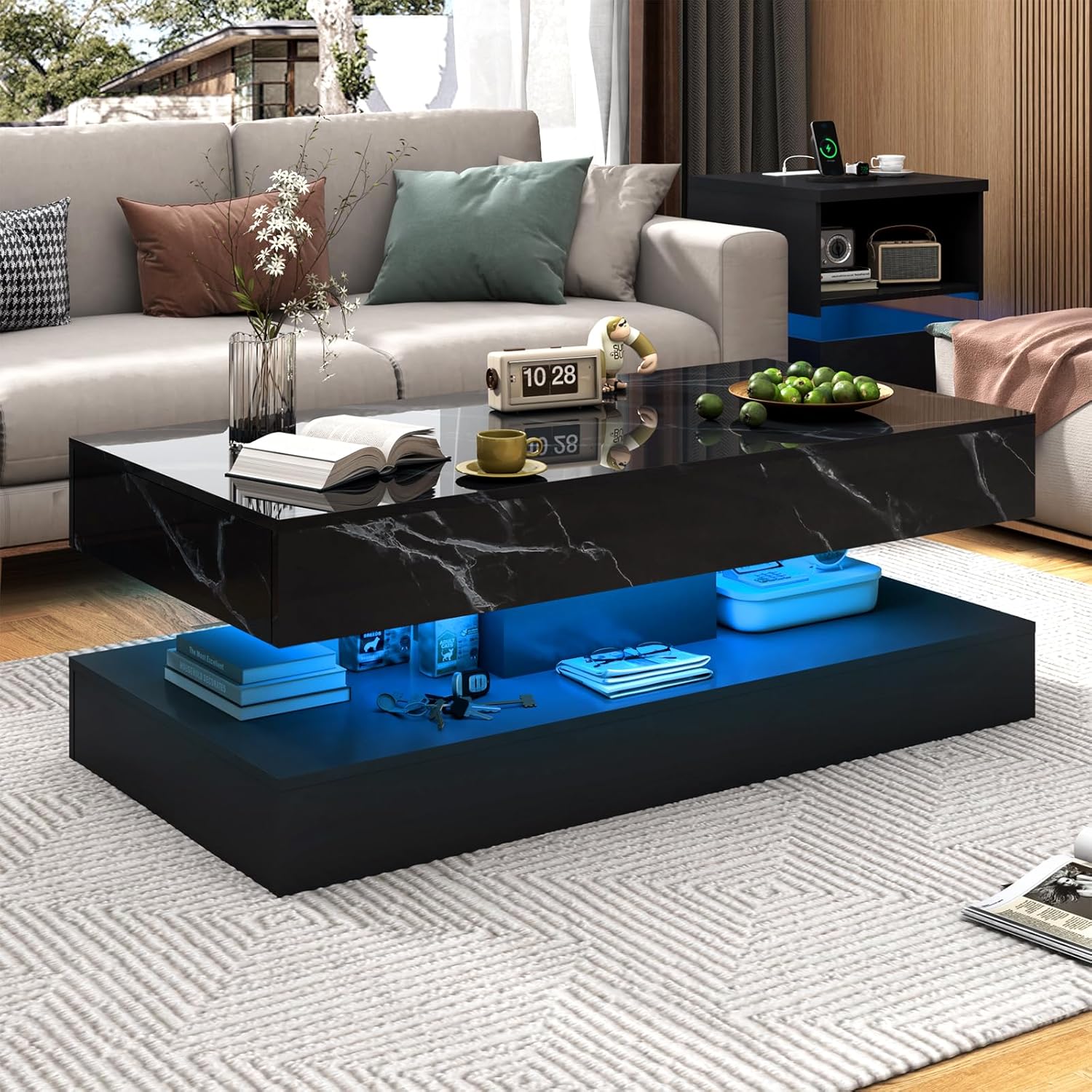 47inch Large High-Glossy LED Coffee Table with 2 Sliding Drawers, Living Room Storage Tables with Marbling Print, Modern Stylish Double-Layer Center Tables w/LED Lights, White - Grand Goldman