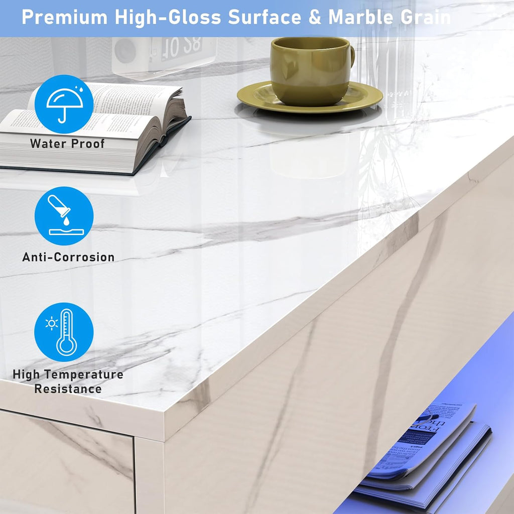 47inch Large High-Glossy LED Coffee Table with 2 Sliding Drawers, Living Room Storage Tables with Marbling Print, Modern Stylish Double-Layer Center Tables w/LED Lights, White - Grand Goldman