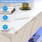 47inch Large High-Glossy LED Coffee Table with 2 Sliding Drawers, Living Room Storage Tables with Marbling Print, Modern Stylish Double-Layer Center Tables w/LED Lights, White - Grand Goldman