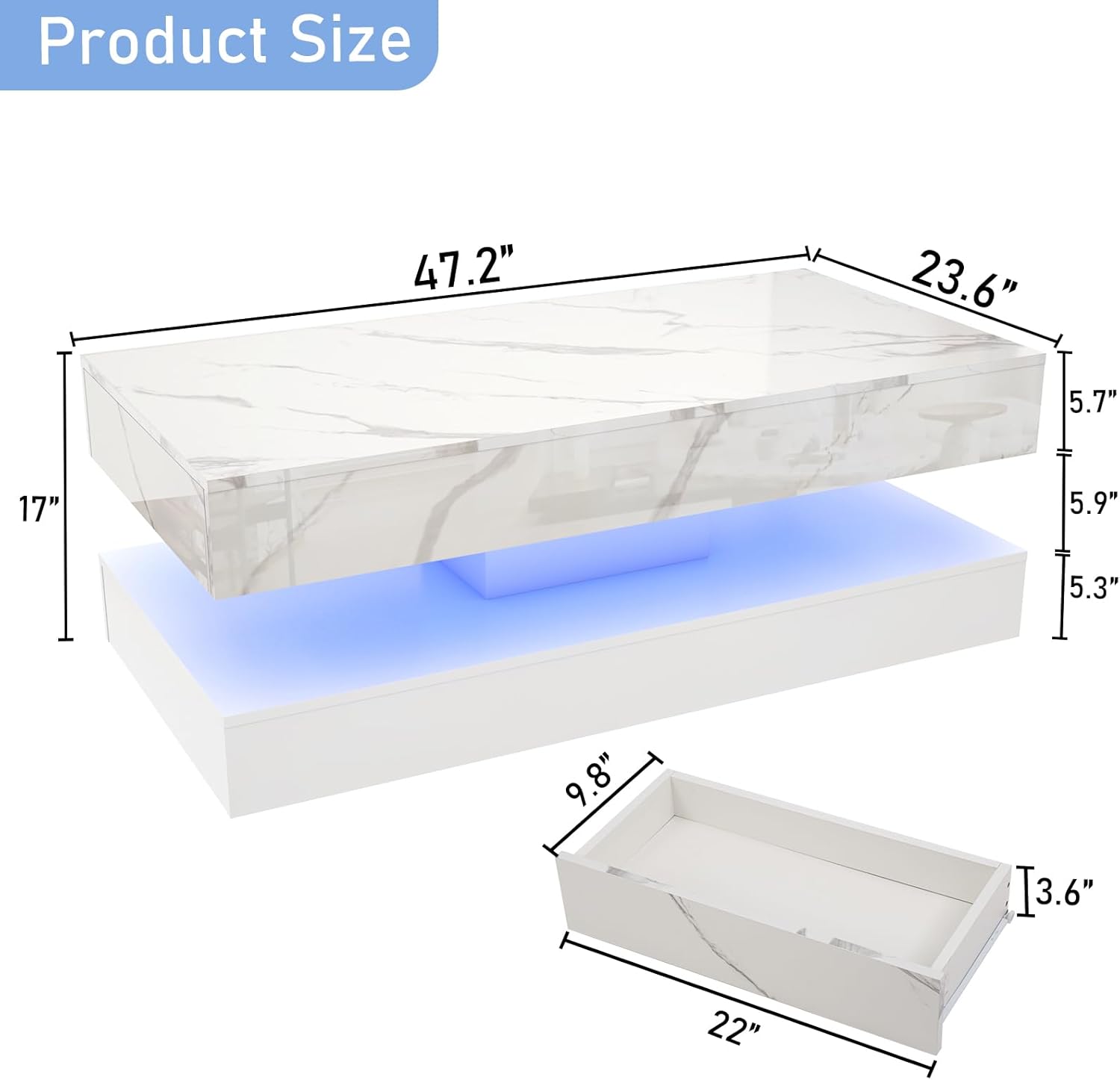 47inch Large High-Glossy LED Coffee Table with 2 Sliding Drawers, Living Room Storage Tables with Marbling Print, Modern Stylish Double-Layer Center Tables w/LED Lights, White - Grand Goldman