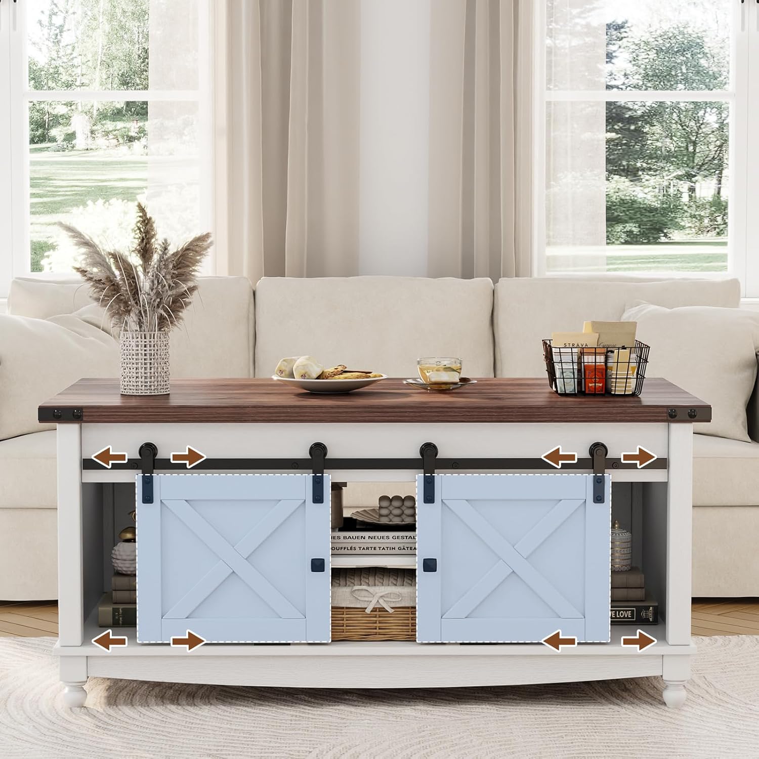 48" Farmhouse Lift Top Coffee Table with Storage Sliding Barn Door & Large Hidden Compartment, Coffee Table with Lifting Top with Wooden Lift Tabletop, Storage Coffee Table for Living Room - Grand Goldman