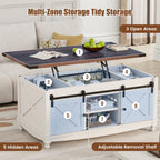 48" Farmhouse Lift Top Coffee Table with Storage Sliding Barn Door & Large Hidden Compartment, Coffee Table with Lifting Top with Wooden Lift Tabletop, Storage Coffee Table for Living Room - Grand Goldman