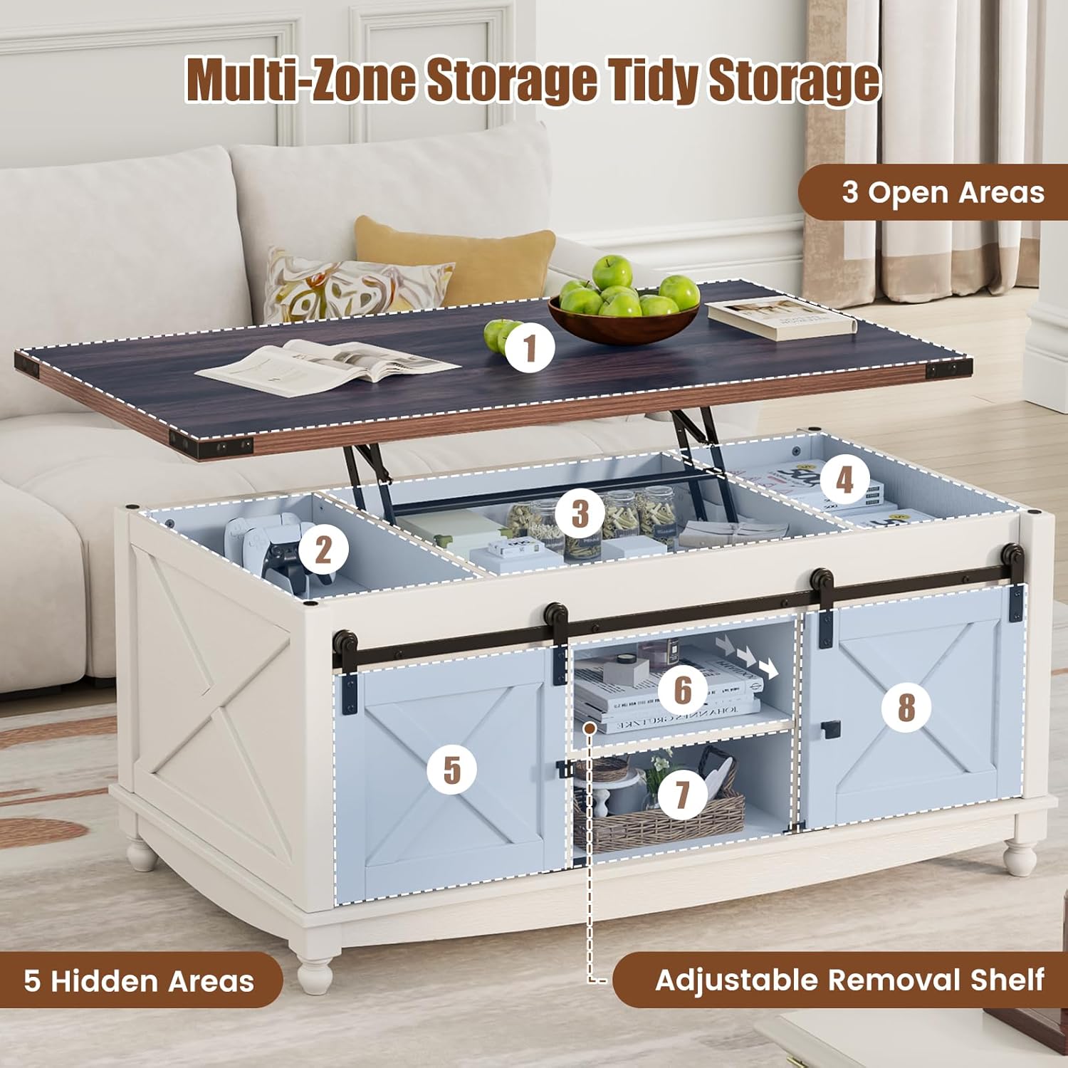 48" Farmhouse Lift Top Coffee Table with Storage Sliding Barn Door & Large Hidden Compartment, Coffee Table with Lifting Top with Wooden Lift Tabletop, Storage Coffee Table for Living Room - Grand Goldman