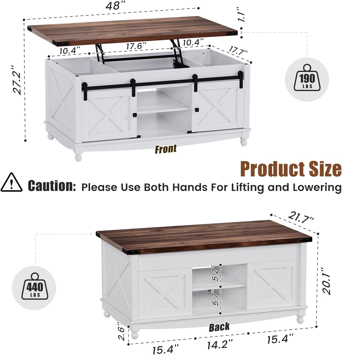 48" Farmhouse Lift Top Coffee Table with Storage Sliding Barn Door & Large Hidden Compartment, Coffee Table with Lifting Top with Wooden Lift Tabletop, Storage Coffee Table for Living Room - Grand Goldman