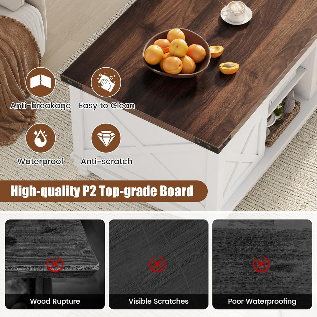 48" Farmhouse Lift Top Coffee Table with Storage Sliding Barn Door & Large Hidden Compartment, Coffee Table with Lifting Top with Wooden Lift Tabletop, Storage Coffee Table for Living Room - Grand Goldman