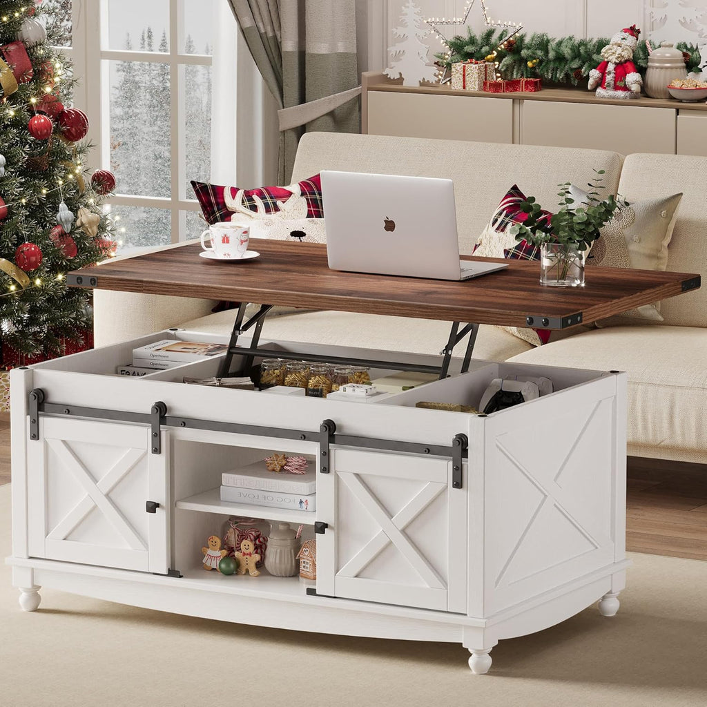48" Farmhouse Lift Top Coffee Table with Storage Sliding Barn Door & Large Hidden Compartment, Coffee Table with Lifting Top with Wooden Lift Tabletop, Storage Coffee Table for Living Room - Grand Goldman