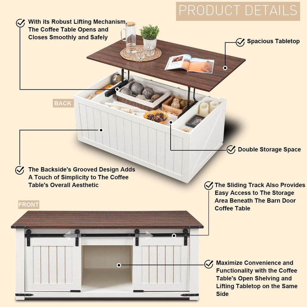 48" Lift Top Coffee Table, Farmhouse Cocktai with Sliding Groove Barn Door, Rustic Wood Center Table w/Double Storage Spaces for Living Room, White - Grand Goldman