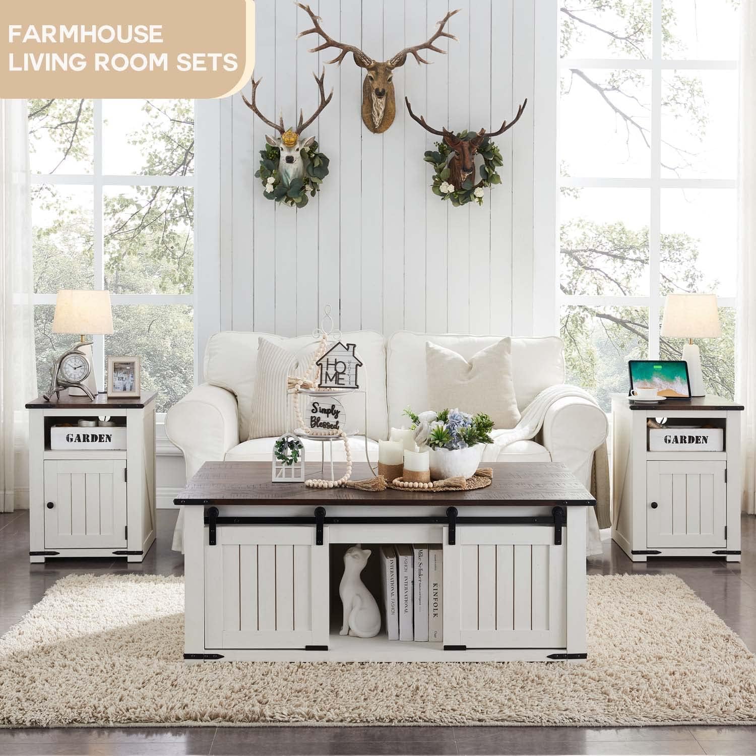 48" Lift Top Coffee Table, Farmhouse Cocktai with Sliding Groove Barn Door, Rustic Wood Center Table w/Double Storage Spaces for Living Room, White - Grand Goldman