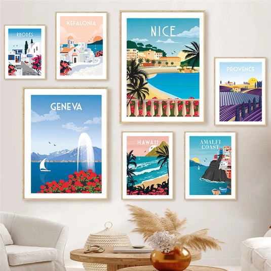 Spain Turkey Hawaii Amalfi Coast Travel Poster Greece Wall Art Canvas Painting Home Decor