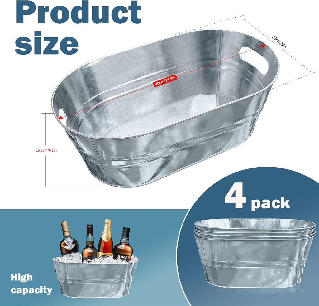 4PCS 4 Gallon Galvanized Tub with Carry Beer Drink Storage Cooler Metal Beverage Ice Tub Galvanized Ice Buckets for Party - Grand Goldman