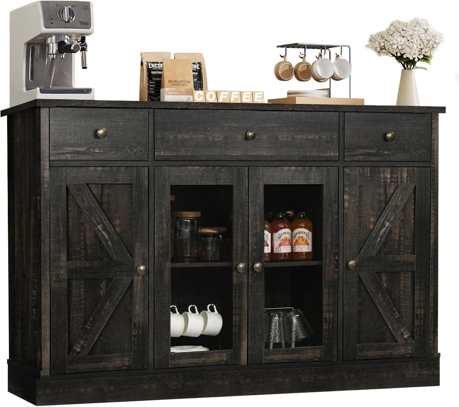 4 EVER WINNER Buffet Cabinet with Storage, 55" Farmhouse Coffee Bar Cabinet with Drawers Glass Doors Barn Doors, Sideboard Buffet Cabinet Wood Buffet Table for Kitchen, Dining Room Cabinet, Rustic Oak - Grand Goldman